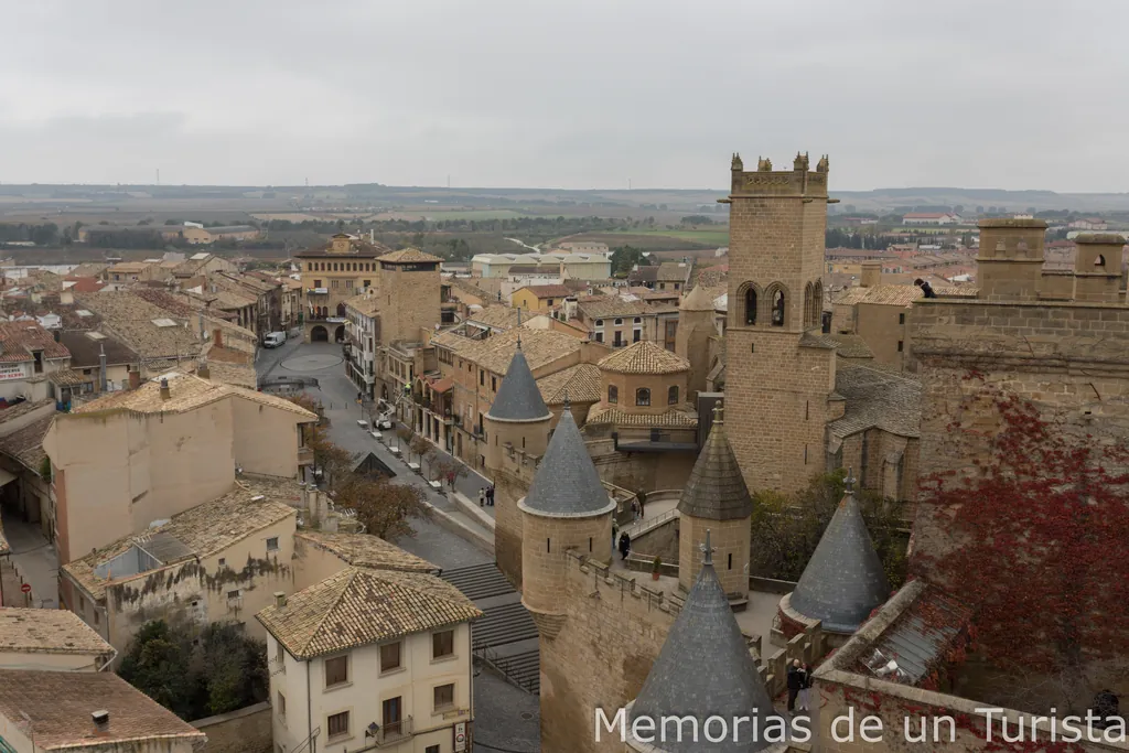 Vista panorámica desde una de las torres del Palacio Real de Olite. Se observan los tejados de la villa medieval, la torre de la Iglesia de Santa María la Real y las murallas del castillo con sus características torres circulares de tejados cónicos grises bajo un cielo nublado